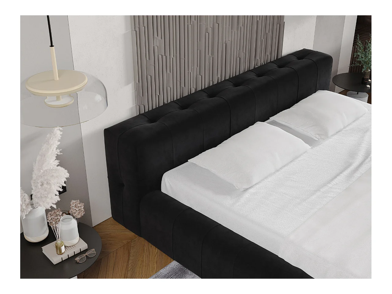 Lit rembourré avec rangement - 160 x 200 - lit double - velours - noir - Lipari