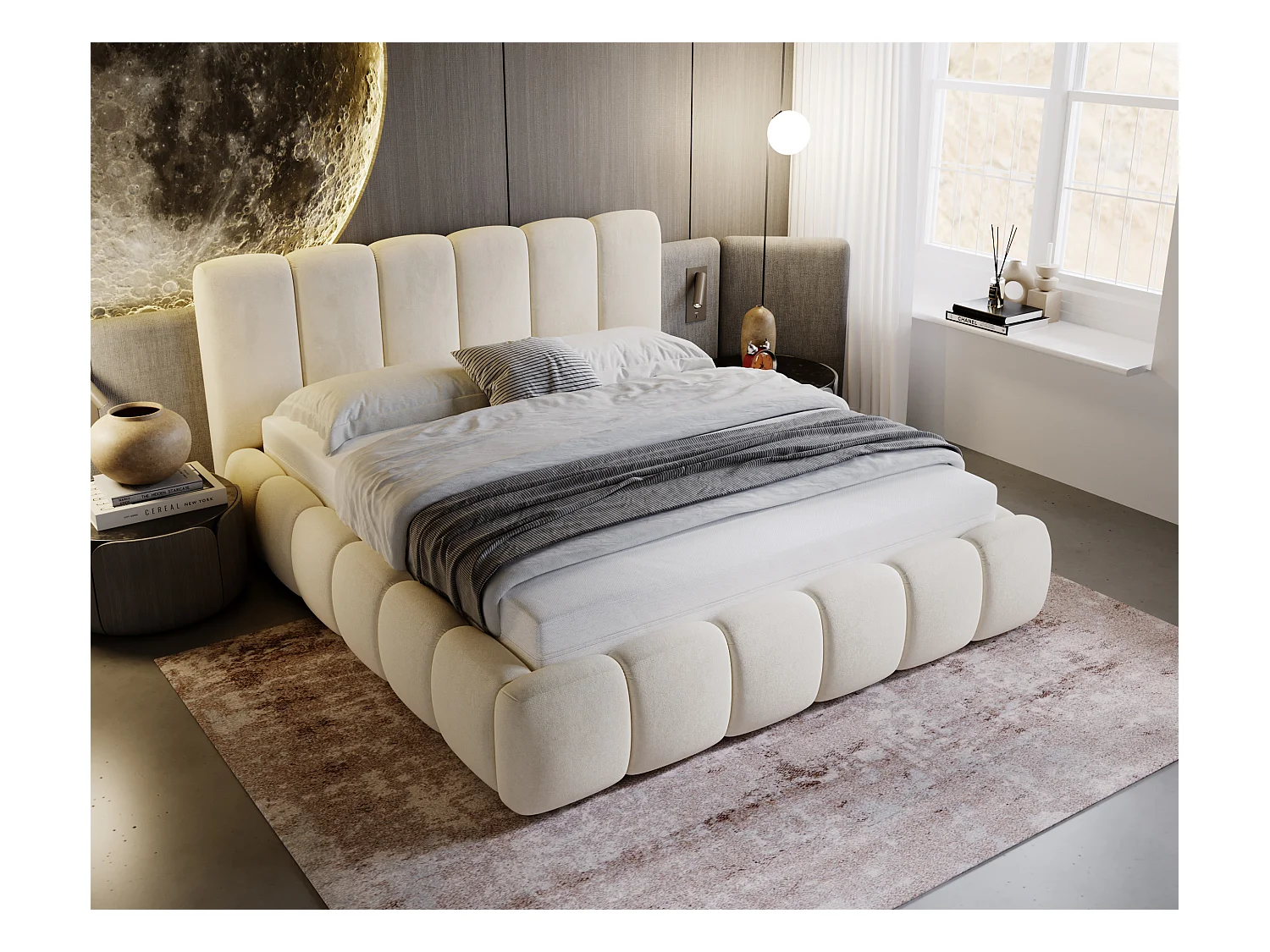Gestoffeerd bed Cloud 160x200 beige - opbergruimte voor beddengoed, houten lattenbodem, doorgestikt hoofdbord en bedframe