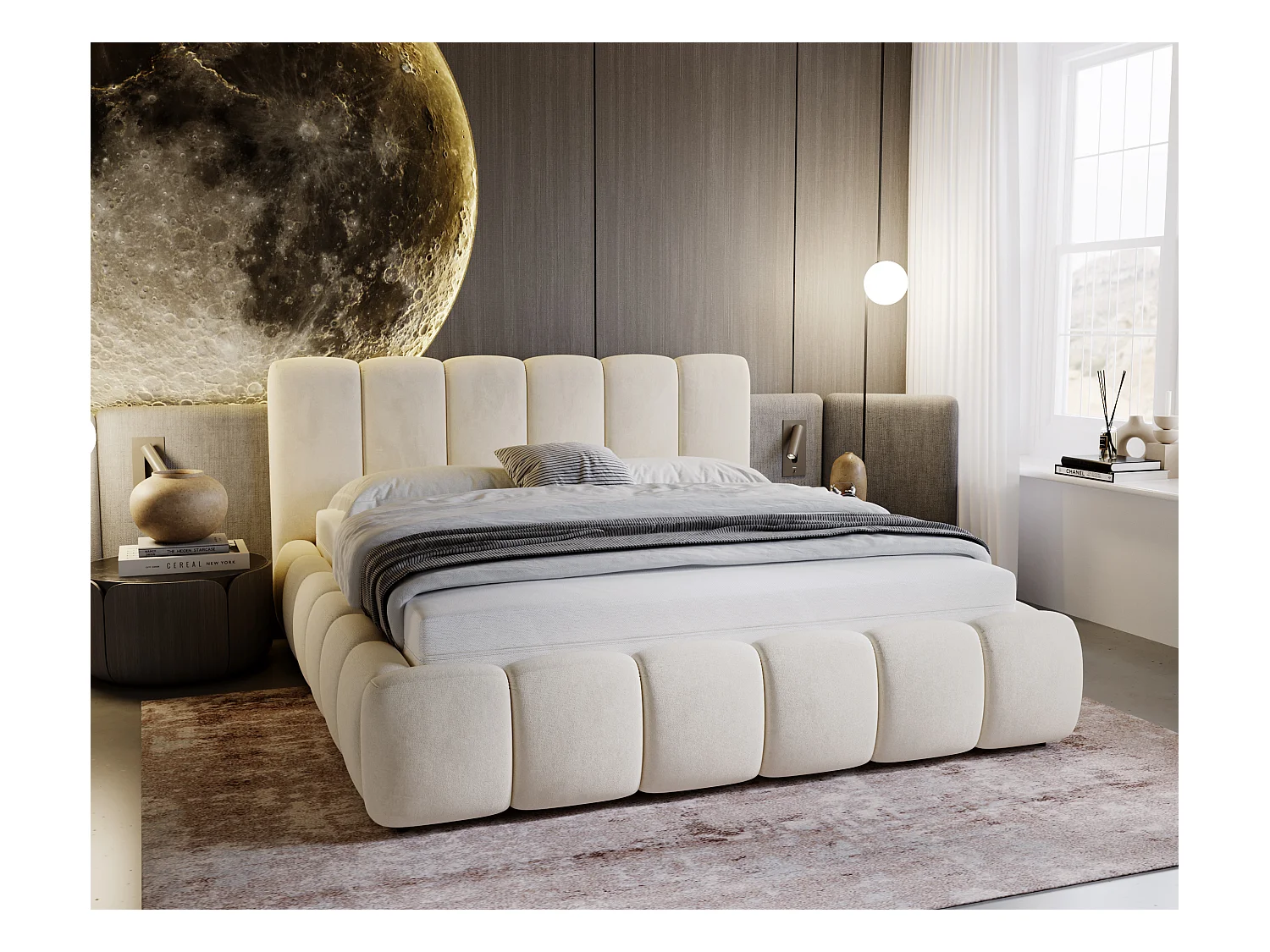 Lit rembourré avec rangement - 160 x 200  - lit double - velours - beige - Cloud