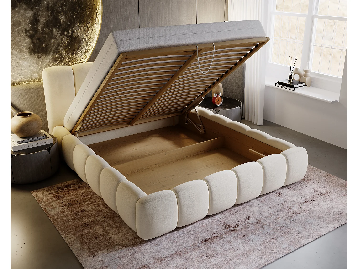 Gestoffeerd bed Cloud 160x200 beige - opbergruimte voor beddengoed, houten lattenbodem, doorgestikt hoofdbord en bedframe