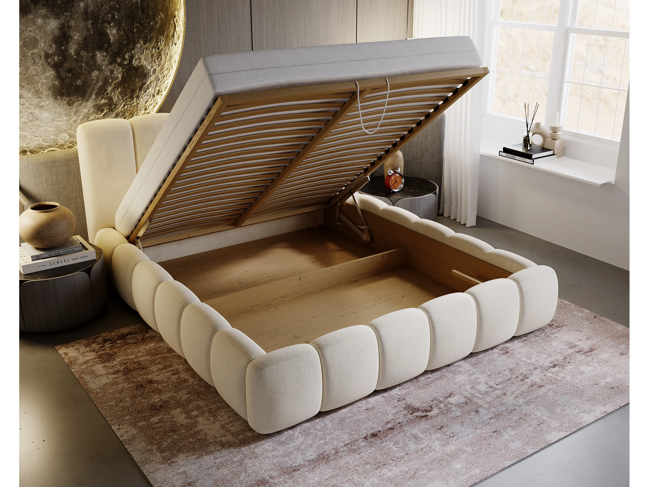 Cadre De Lit Double 160x200 Avec Tête De Lit Haute Rembourrée Velours - Ports USB Et Type-C Intégrés, Couleur Beige
