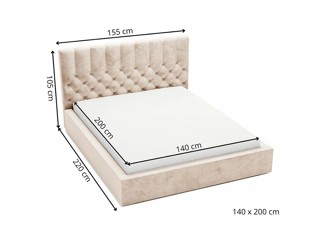 Polsterbett mit Bettkasten - 140 x 200 - Samtstoff - Beige - Bett mit Lattenrost - ROMA