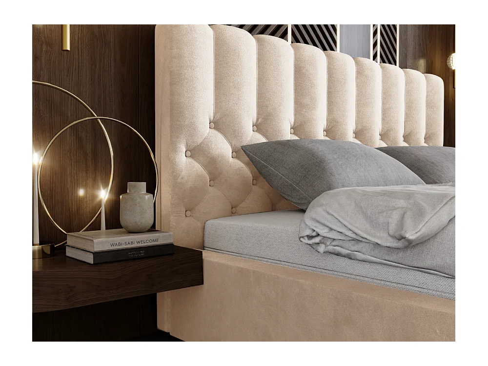 Polsterbett mit Bettkasten - 140 x 200 - Samtstoff - Beige - Bett mit Lattenrost - ROMA