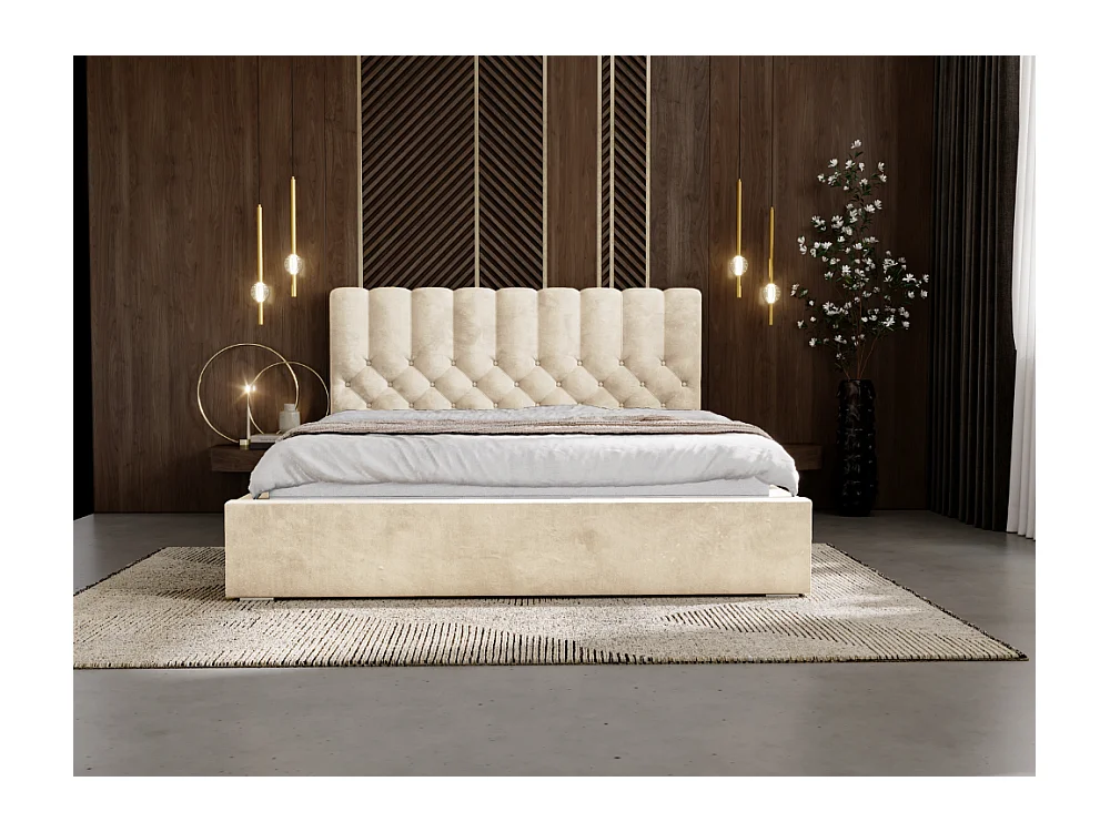 Polsterbett mit Bettkasten - 140 x 200 - Samtstoff - Beige - Bett mit Lattenrost - ROMA