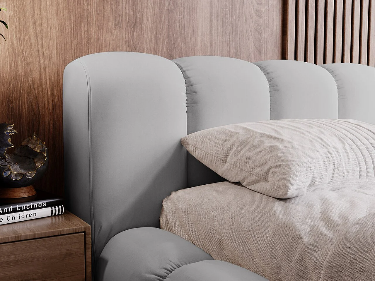 Polsterbett mit Bettkasten - 160 x 200 - Samtstoff - Hellgrau - Bett mit Lattenrost - DORIA