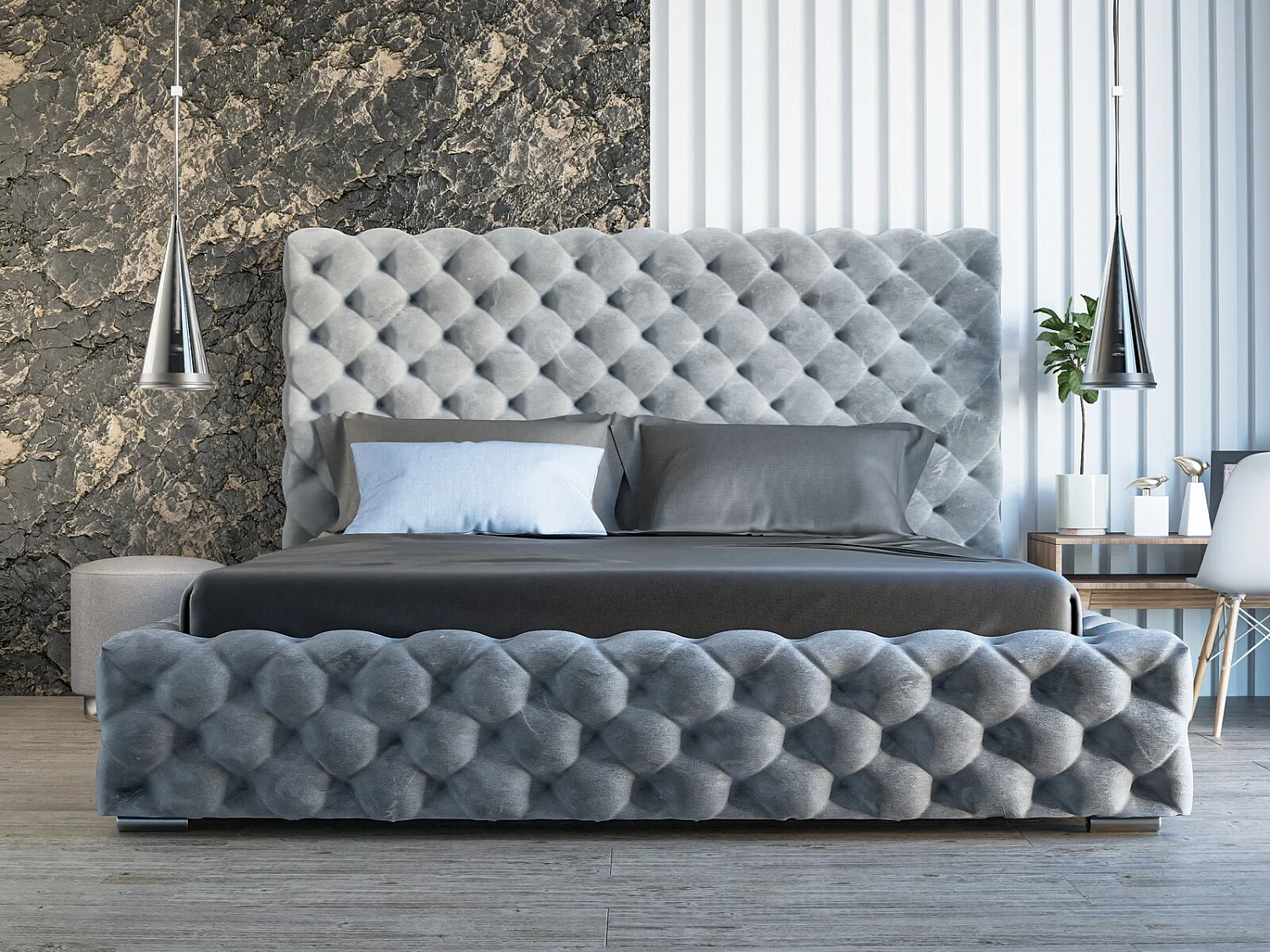 Gestoffeerd bed Heaven 160x200 lichtgrijs - opbergruimte voor beddengoed, houten lattenbodem, doorgestikt hoofdbord en bedframe