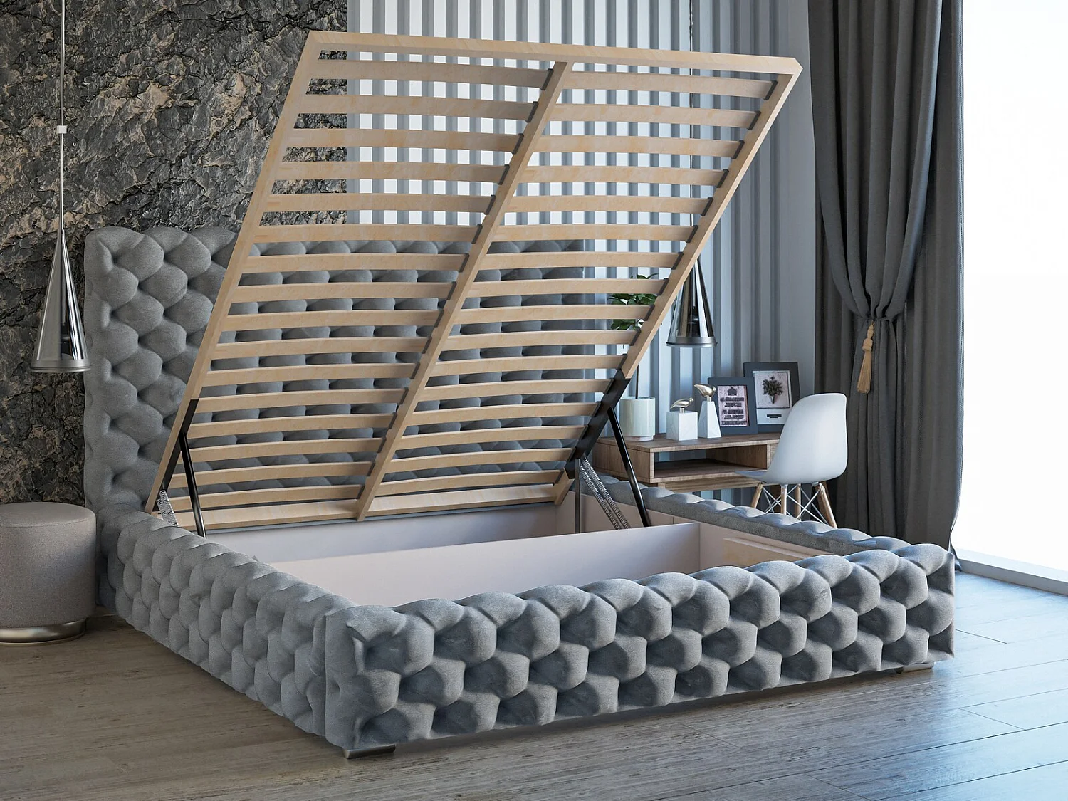 Gestoffeerd bed Heaven 160x200 lichtgrijs - opbergruimte voor beddengoed, houten lattenbodem, doorgestikt hoofdbord en bedframe