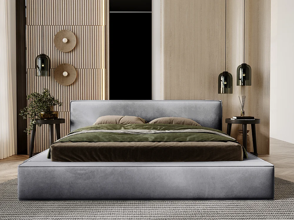 Lit rembourré avec rangement - 180 x 200 - lit double - velours - gris - Mali