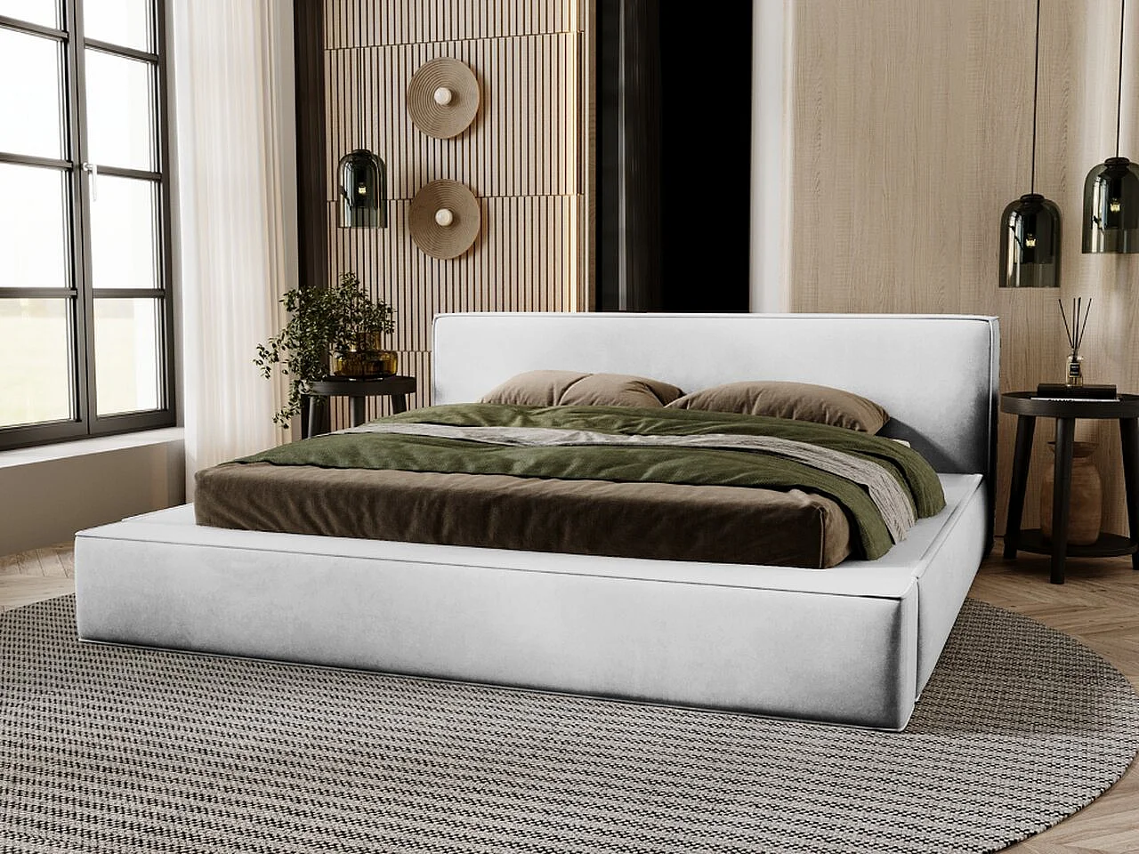 Gestoffeerd bed Mali 120x200 lichtgrijs - opbergruimte voor beddengoed, houten lattenbodem, doorgestikt hoofdbord en bedframe