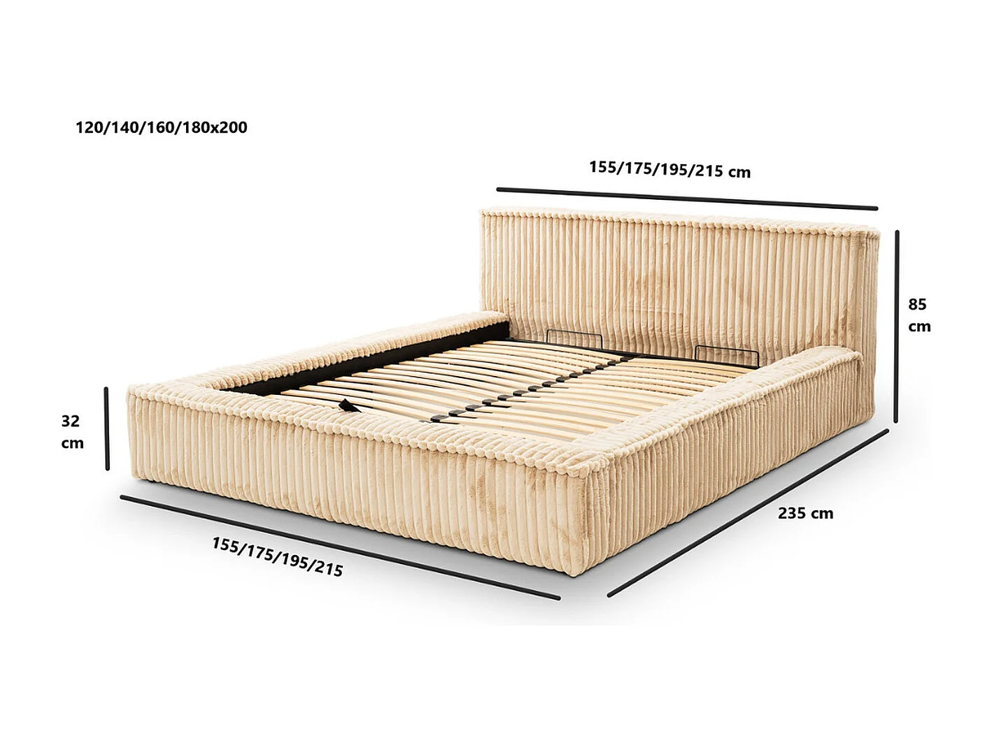 Gestoffeerd bed Lago 180x200 bruin - opbergruimte voor beddengoed, houten lattenbodem, hoofdbord en bedframe