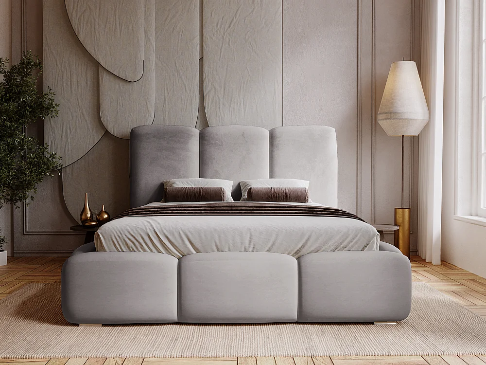 Gestoffeerd bed Bubble 120x200 grijs - opbergruimte voor beddengoed, houten lattenbodem, doorgestikt hoofdbord en bedframe