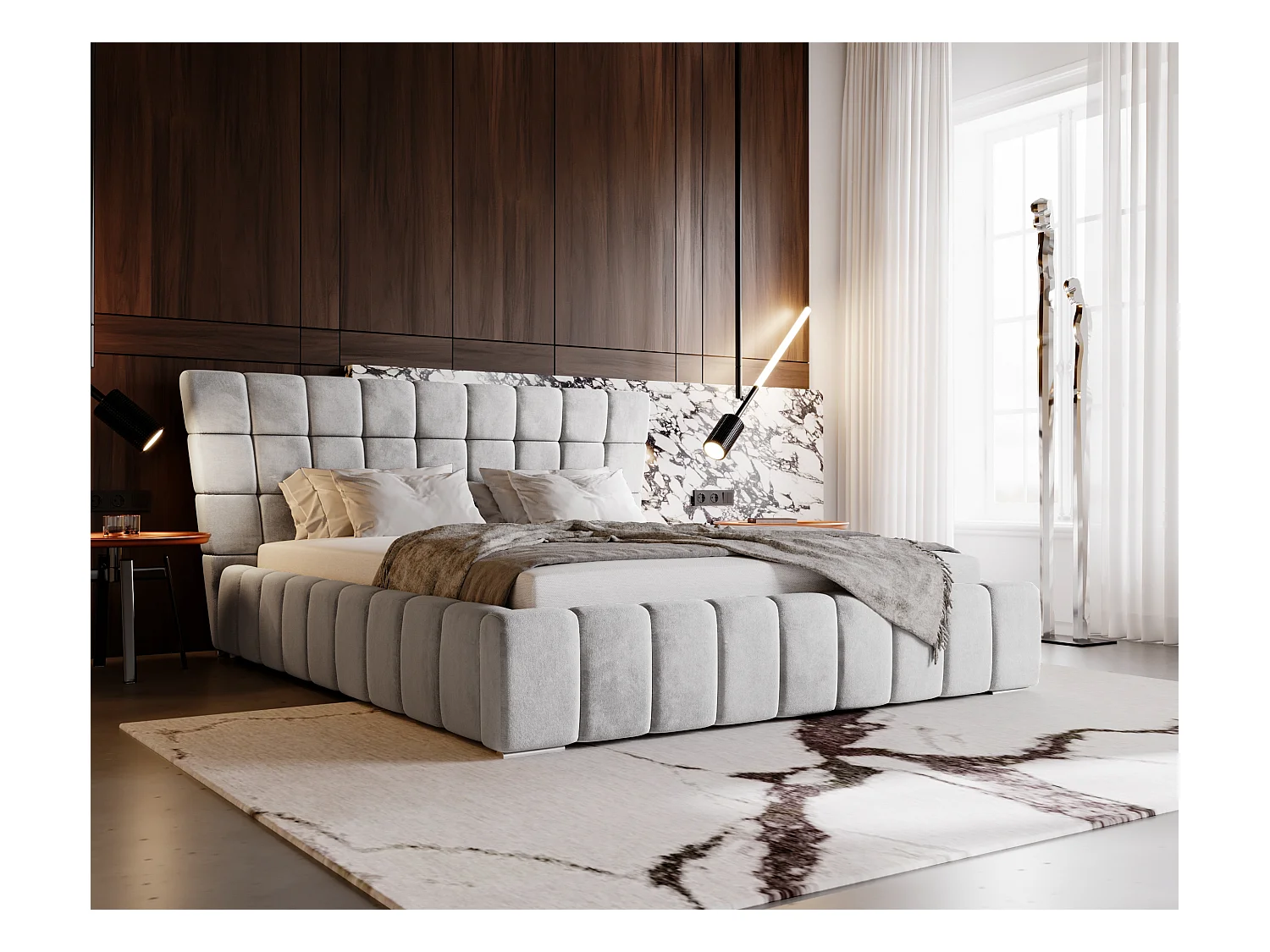 Lit rembourré avec rangement - 140 x 200 - lit double - velours - gris clair - Paris