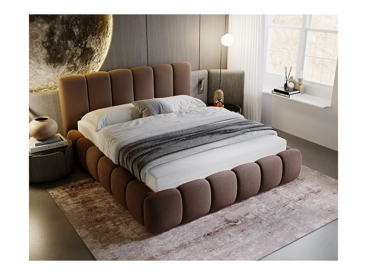 Gestoffeerd bed Cloud 160x200 bruin - opbergruimte voor beddengoed, houten lattenbodem, doorgestikt hoofdbord en bedframe