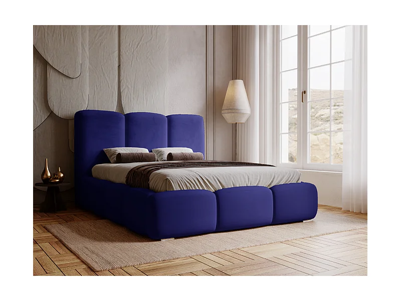 Lit rembourré avec rangement - 200 x 200 - lit double - velours - bleu - Bubble