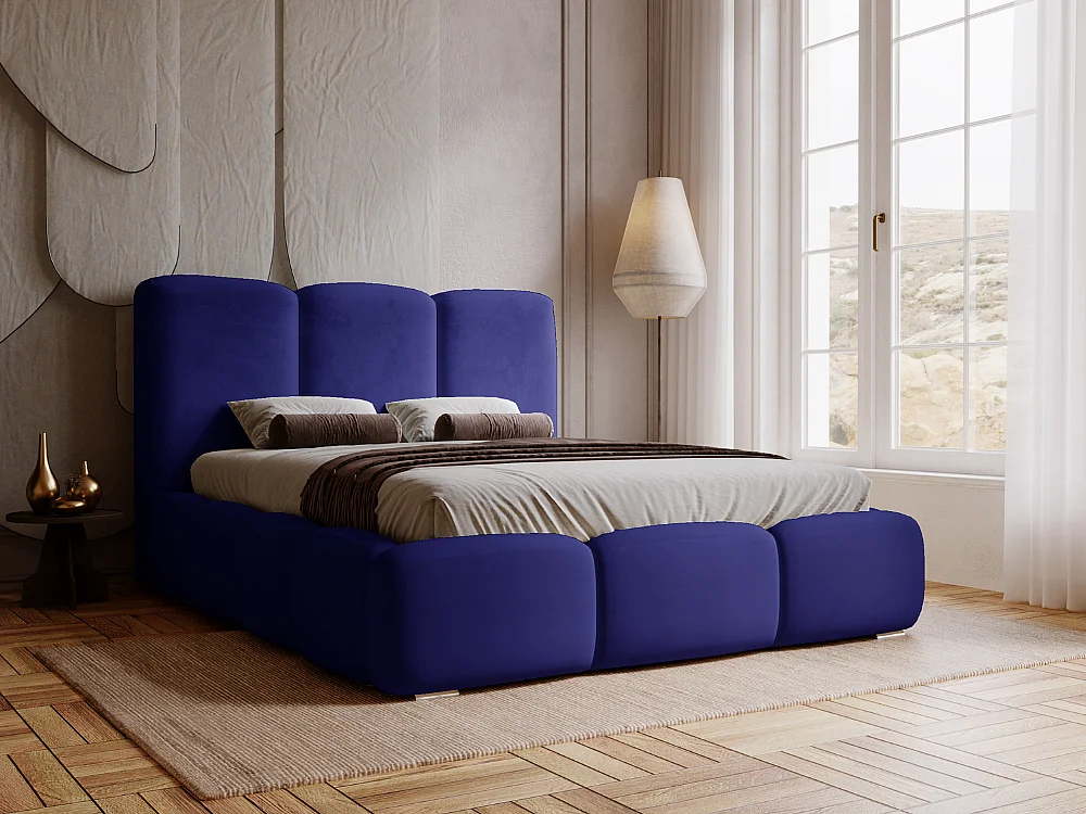 Polsterbett mit Bettkasten - 200 x 200 - Samtstoff - Blau - Bett mit Lattenrost - BUBBLE
