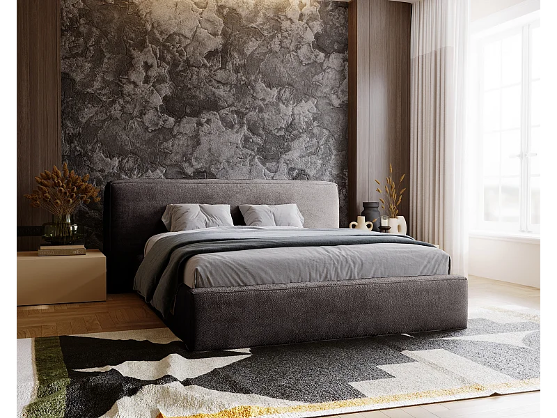 Gestoffeerd bed Monza 180x200 grijs - opbergruimte voor beddengoed, houten lattenbodem, doorgestikt hoofdbord en bedframe