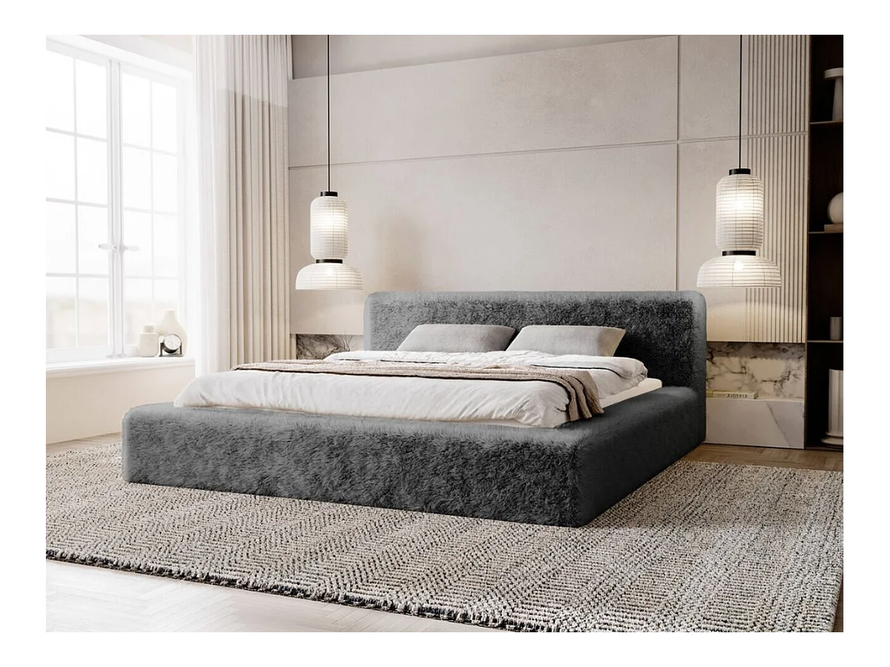 Lit rembourré avec rangement - 160 x 200 - lit double - peluche - gris - Enjoy