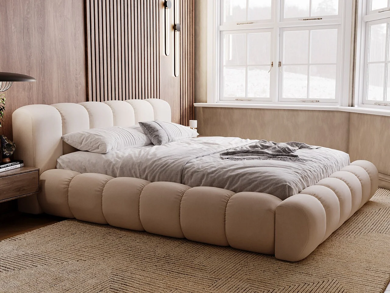 Polsterbett mit Bettkasten - 140 x 200 - Samtstoff - Beige - Bett mit Lattenrost - DORIA