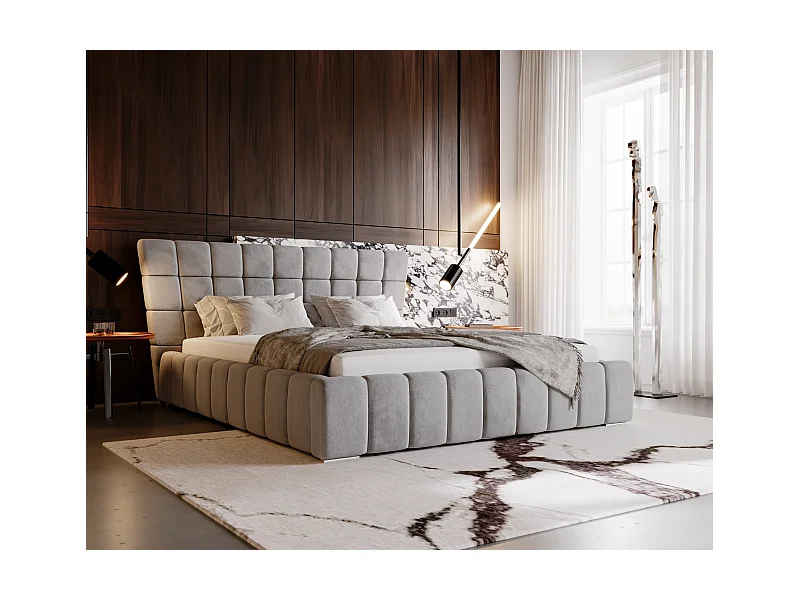 Lit rembourré avec rangement - 160 x 200 - lit double - velours - gris - Paris