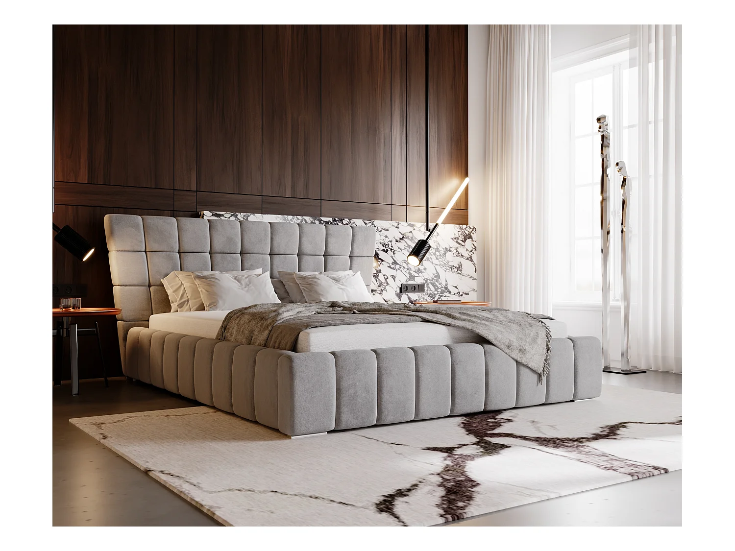 Lit rembourré avec rangement - 160 x 200 - lit double - velours - gris - Paris