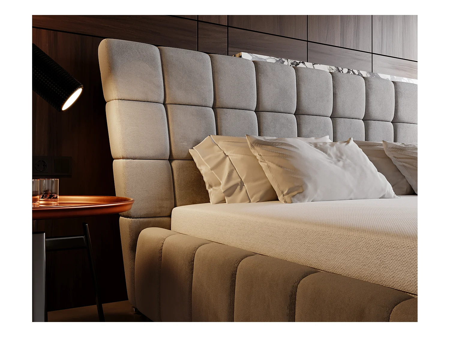 Lit rembourré avec rangement - 160 x 200 - lit double - velours - gris - Paris