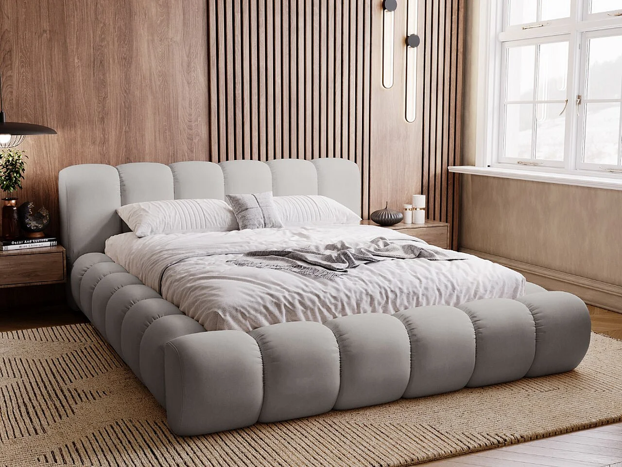 Polsterbett mit Bettkasten - 180 x 200 - Samtstoff - Hellgrau - Bett mit Lattenrost - DORIA