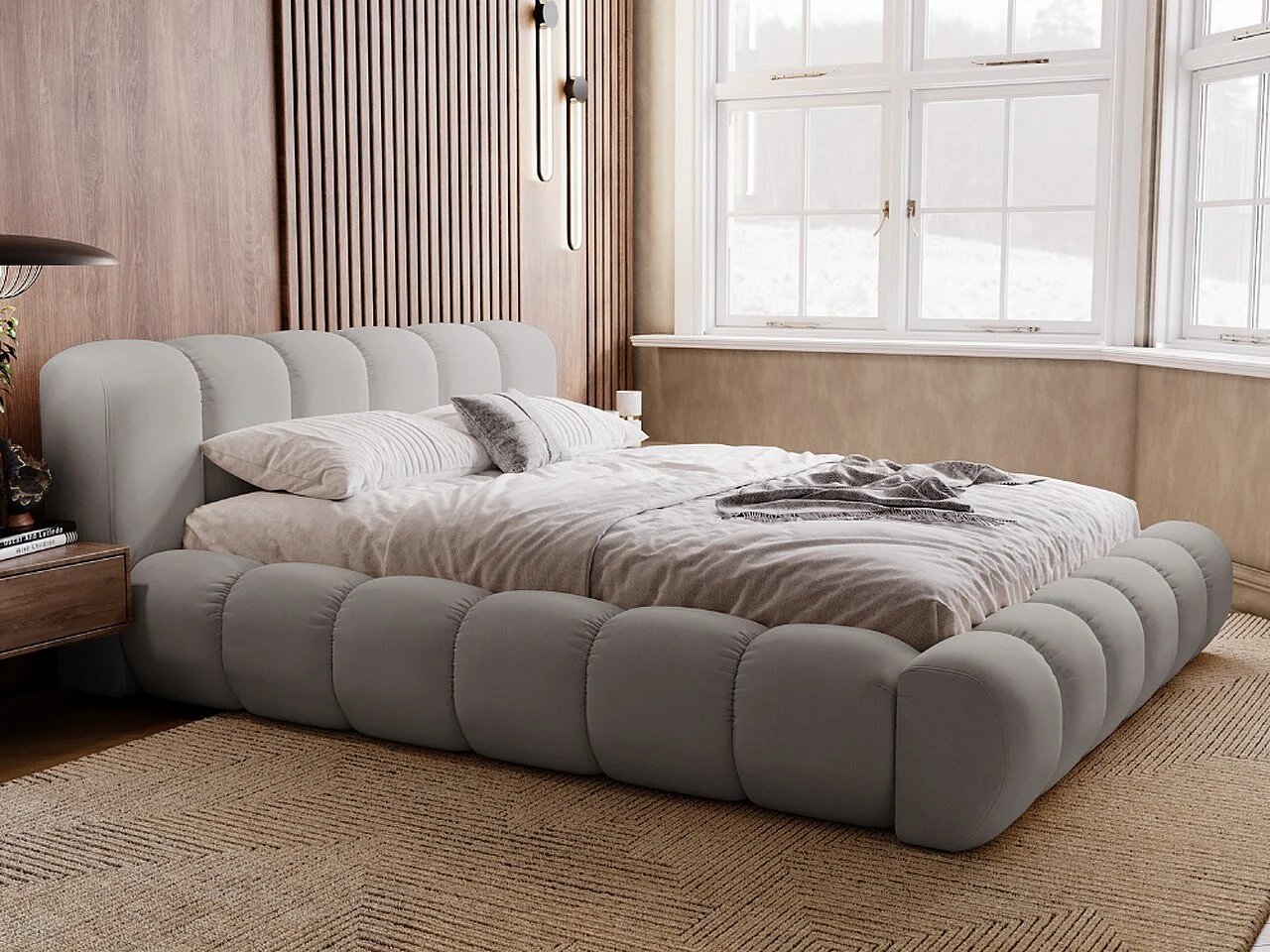 Polsterbett mit Bettkasten - 180 x 200 - Samtstoff - Hellgrau - Bett mit Lattenrost - DORIA