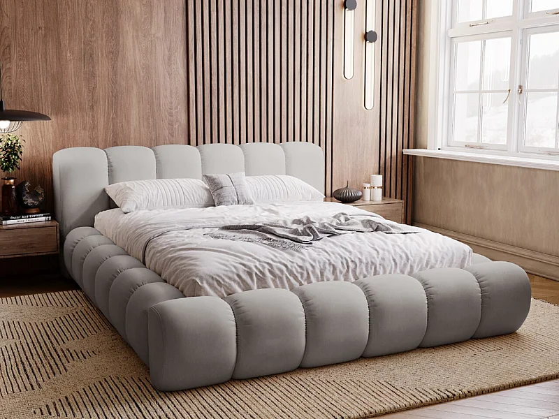 Polsterbett mit Bettkasten - 180 x 200 - Samtstoff - Hellgrau - Bett mit Lattenrost - DORIA