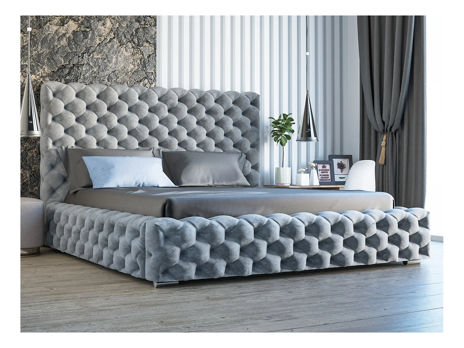 Lit rembourré avec rangement - 180 x 200  - lit double - velours - gris clair - Heaven