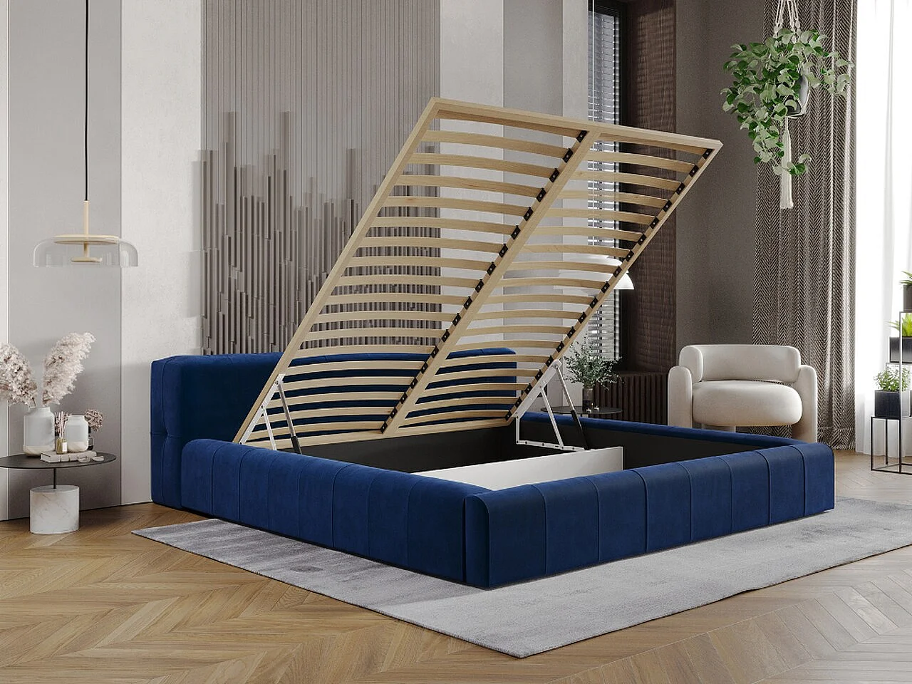 Lit rembourré avec rangement - 120 x 200 - lit double - velours - bleu marine - Lipari