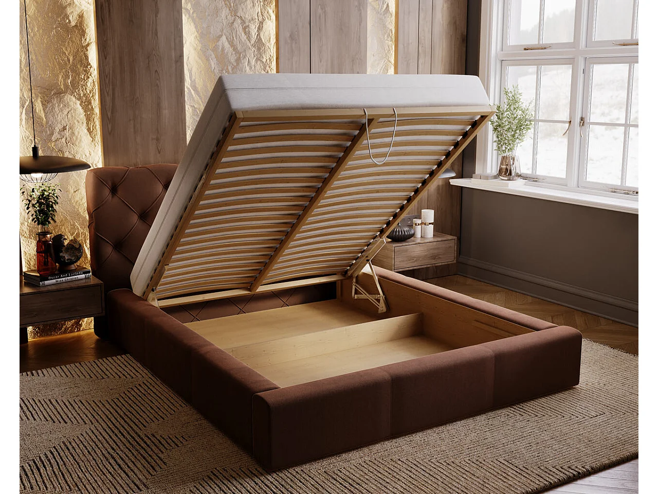 Lit rembourré avec rangement - 180 x 200 - lit double - velours - marron - Milano