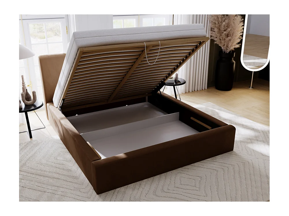Polsterbett mit Bettkasten - 120 x 200 - Samtstoff - Braun - Bett mit Lattenrost - MIDAS