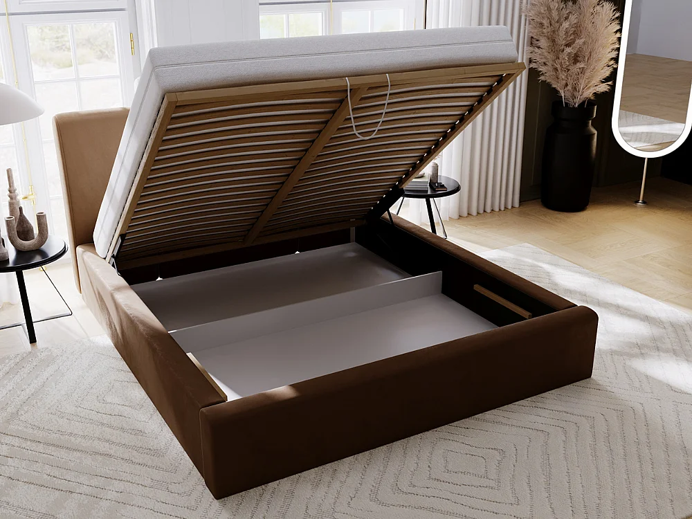 Polsterbett mit Bettkasten - 120 x 200 - Samtstoff - Braun - Bett mit Lattenrost - MIDAS