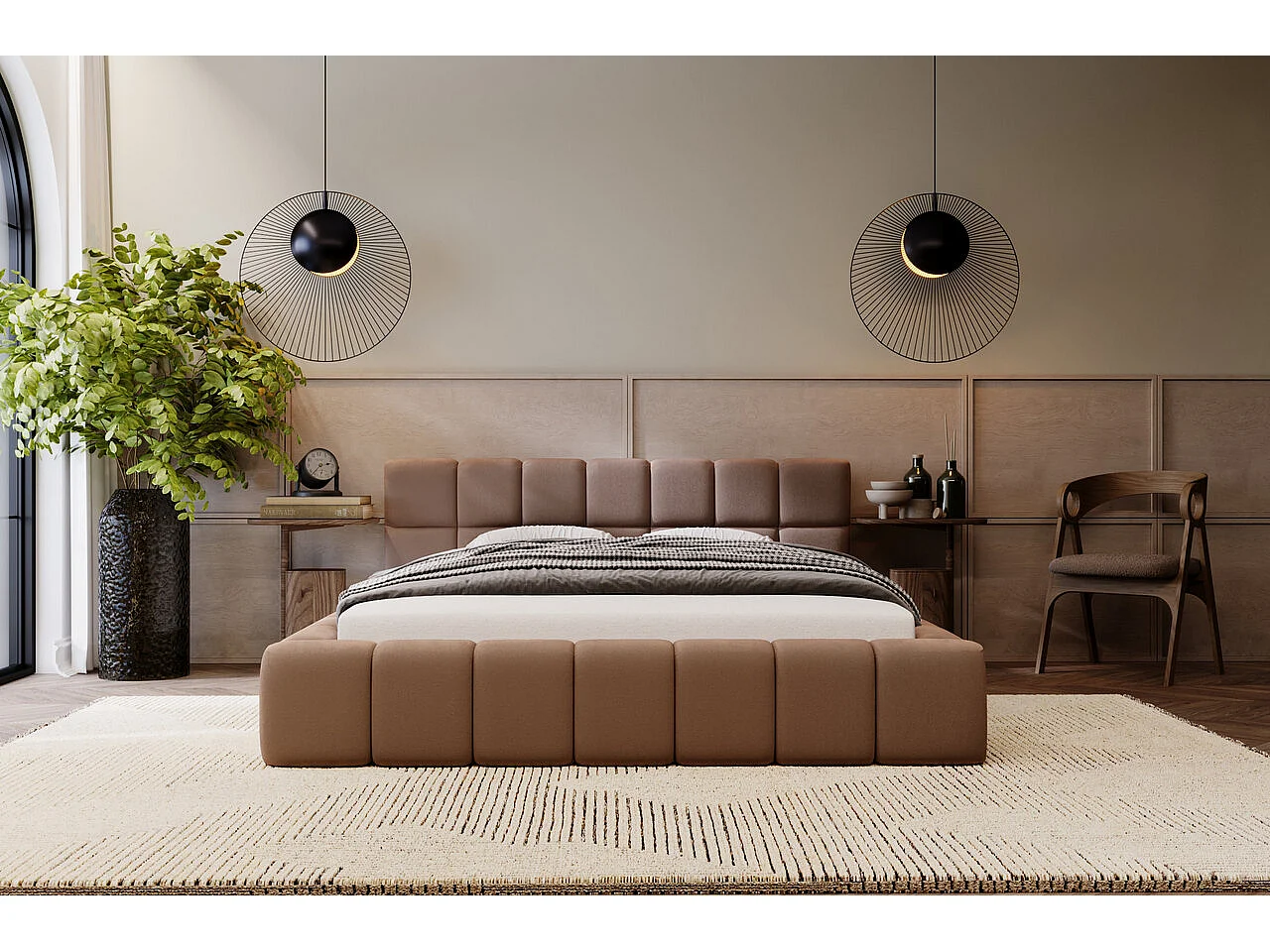 Gestoffeerd bed Alicante 160x200 bruin - opbergruimte voor beddengoed, houten lattenbodem, doorgestikt hoofdbord en bedframe.