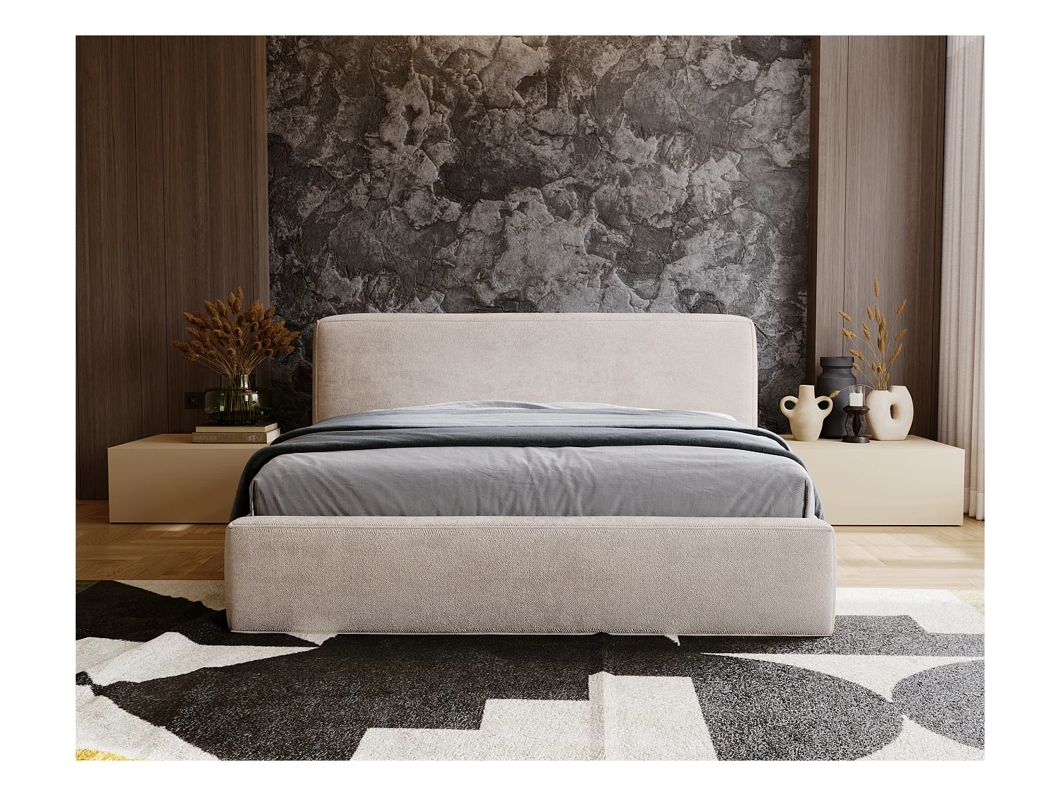 Lit rembourré avec rangement - 120 x 200 - lit double - chenille - beige - Monza