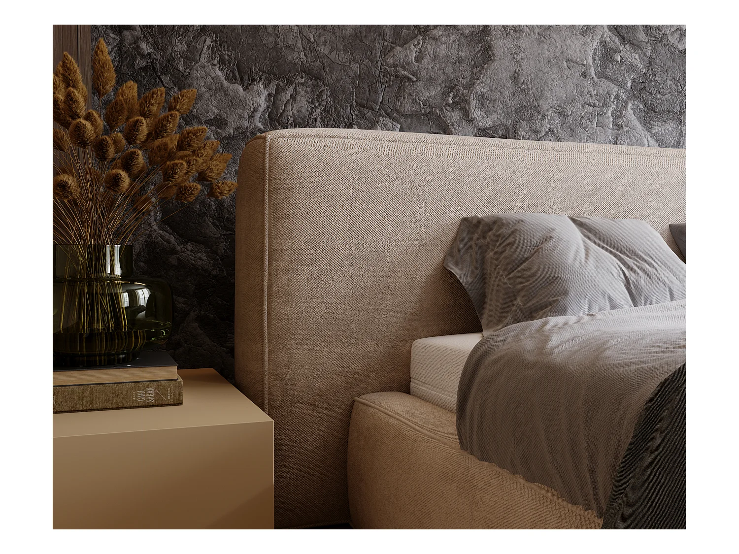 Lit rembourré avec rangement - 120 x 200 - lit double - chenille - beige - Monza