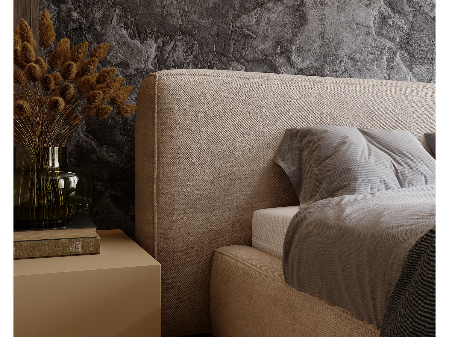 Lit rembourré avec rangement - 120 x 200 - lit double - chenille - beige - Monza