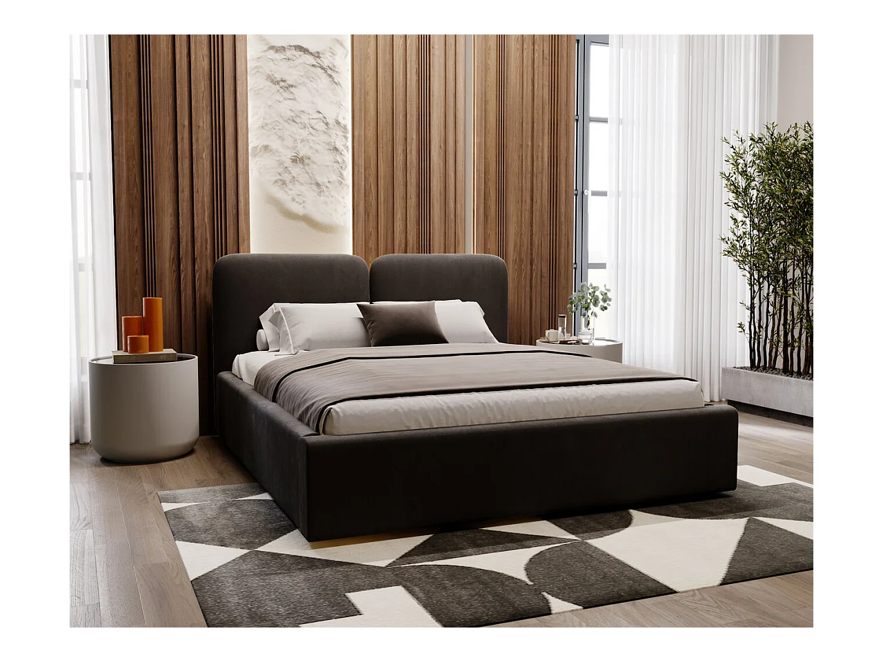 Lit rembourré avec rangement - 140 x 200 - lit double - velours - noir - Palermo