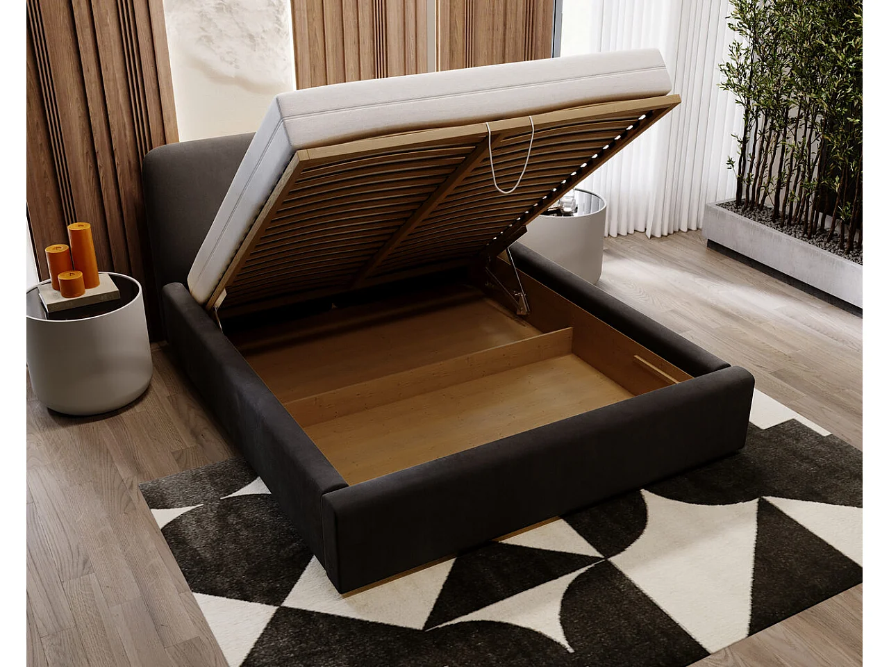 Lit rembourré avec rangement - 140 x 200 - lit double - velours - noir - Palermo