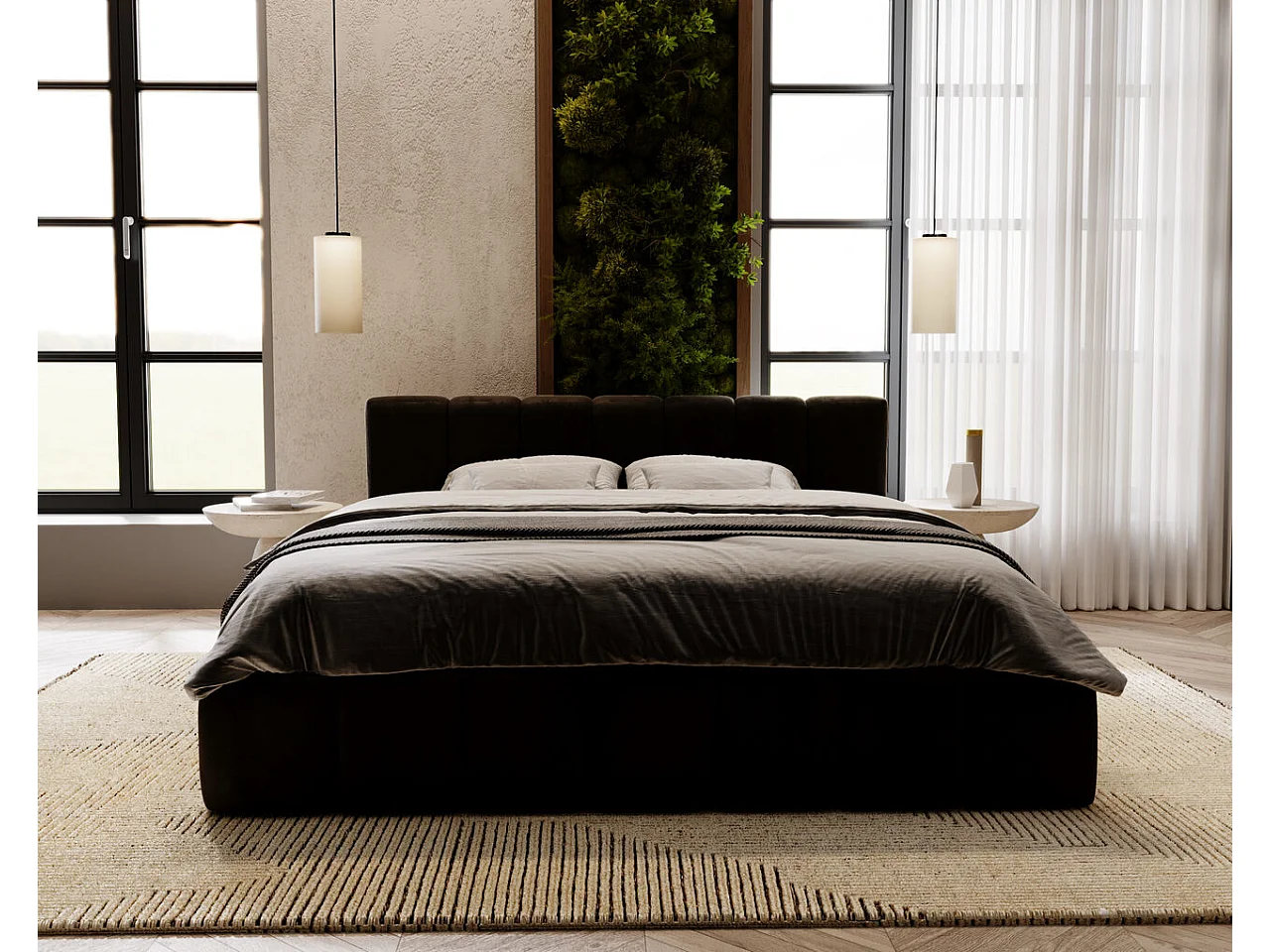 Gestoffeerd bed Split 120x200 zwart - opbergruimte voor beddengoed, houten lattenbodem, doorgestikt hoofdbord en bedframe