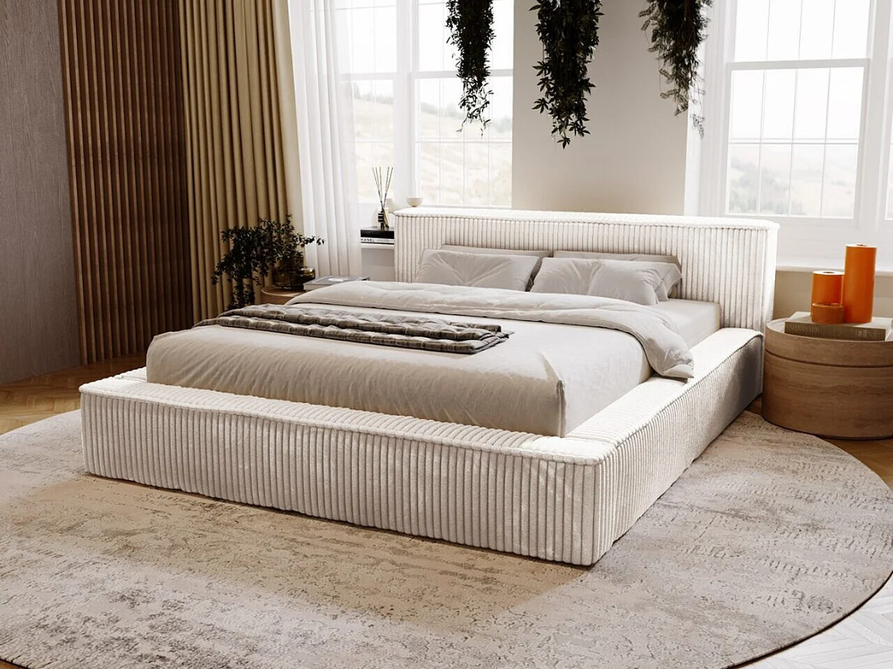 Gestoffeerd bed Lago 120x200 lichtgrijs - opbergruimte voor beddengoed, houten lattenbodem, hoofdbord en bedframe