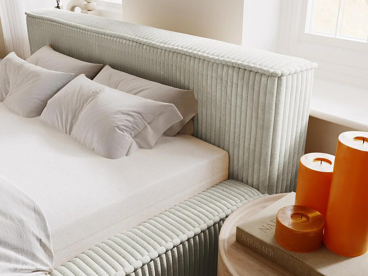 Gestoffeerd bed Lago 120x200 lichtgrijs - opbergruimte voor beddengoed, houten lattenbodem, hoofdbord en bedframe