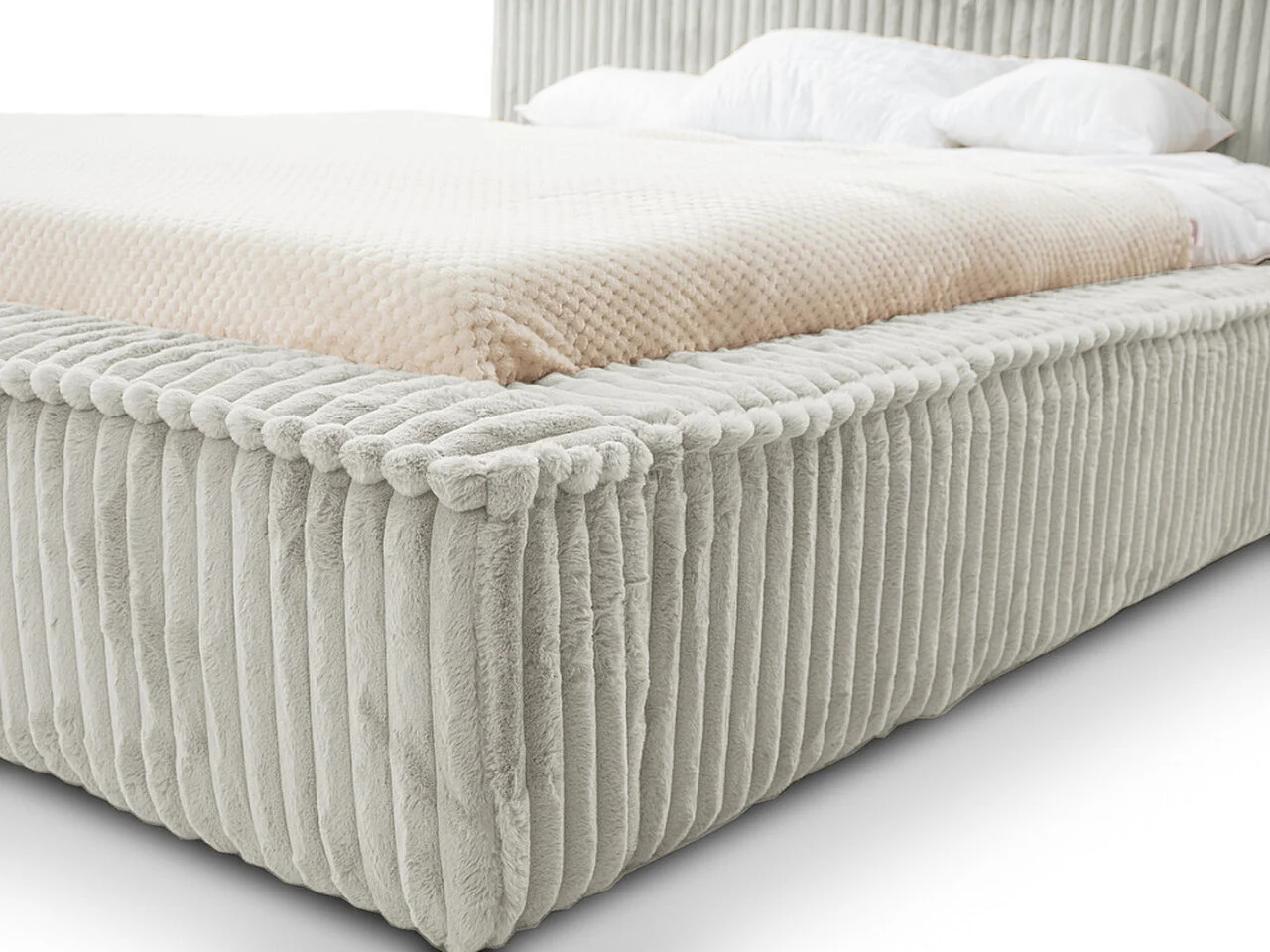 Gestoffeerd bed Lago 120x200 lichtgrijs - opbergruimte voor beddengoed, houten lattenbodem, hoofdbord en bedframe