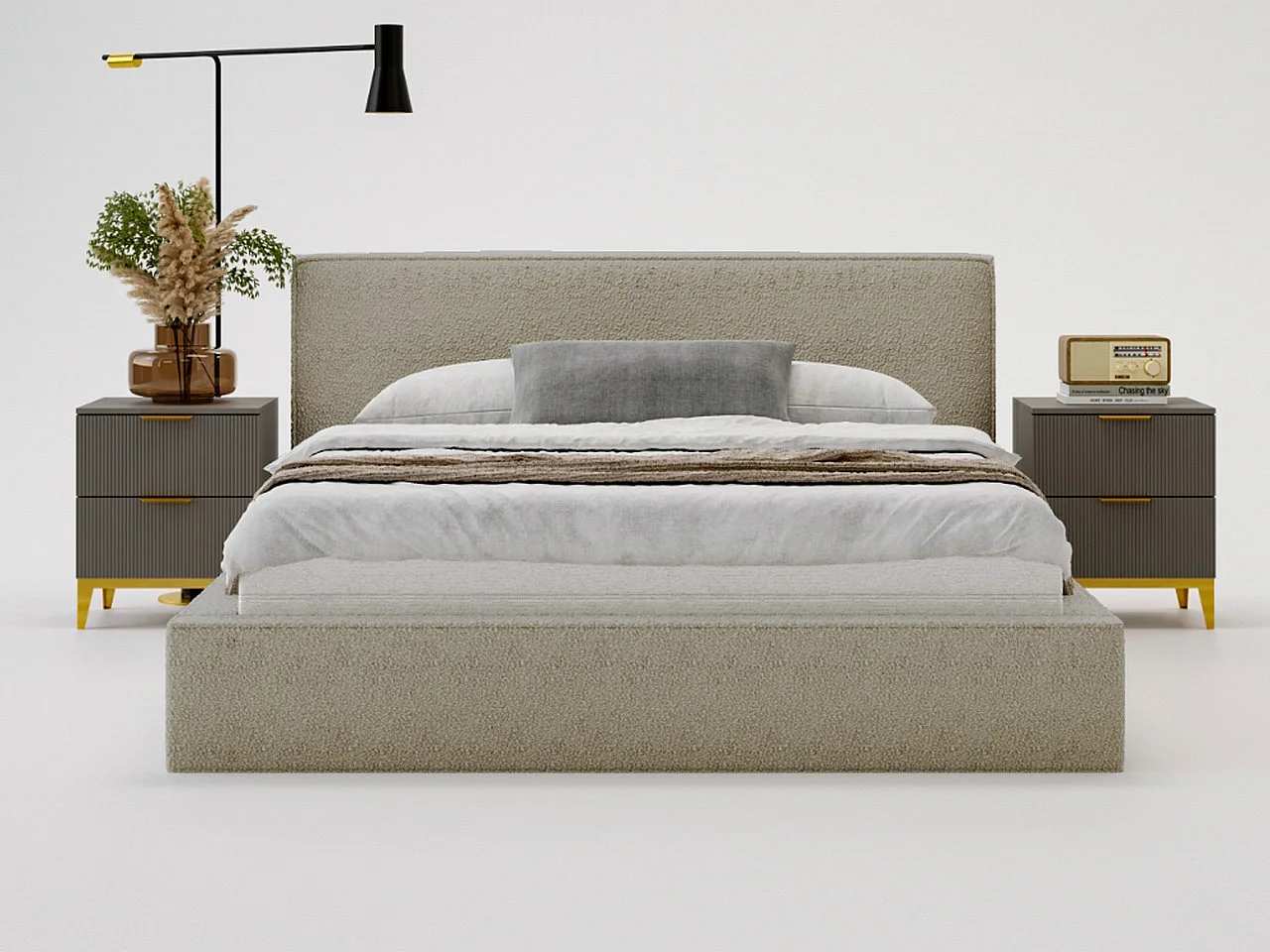 Lit rembourré avec rangement - 180 x 200 - lit double - bouclé - marron - Monaco