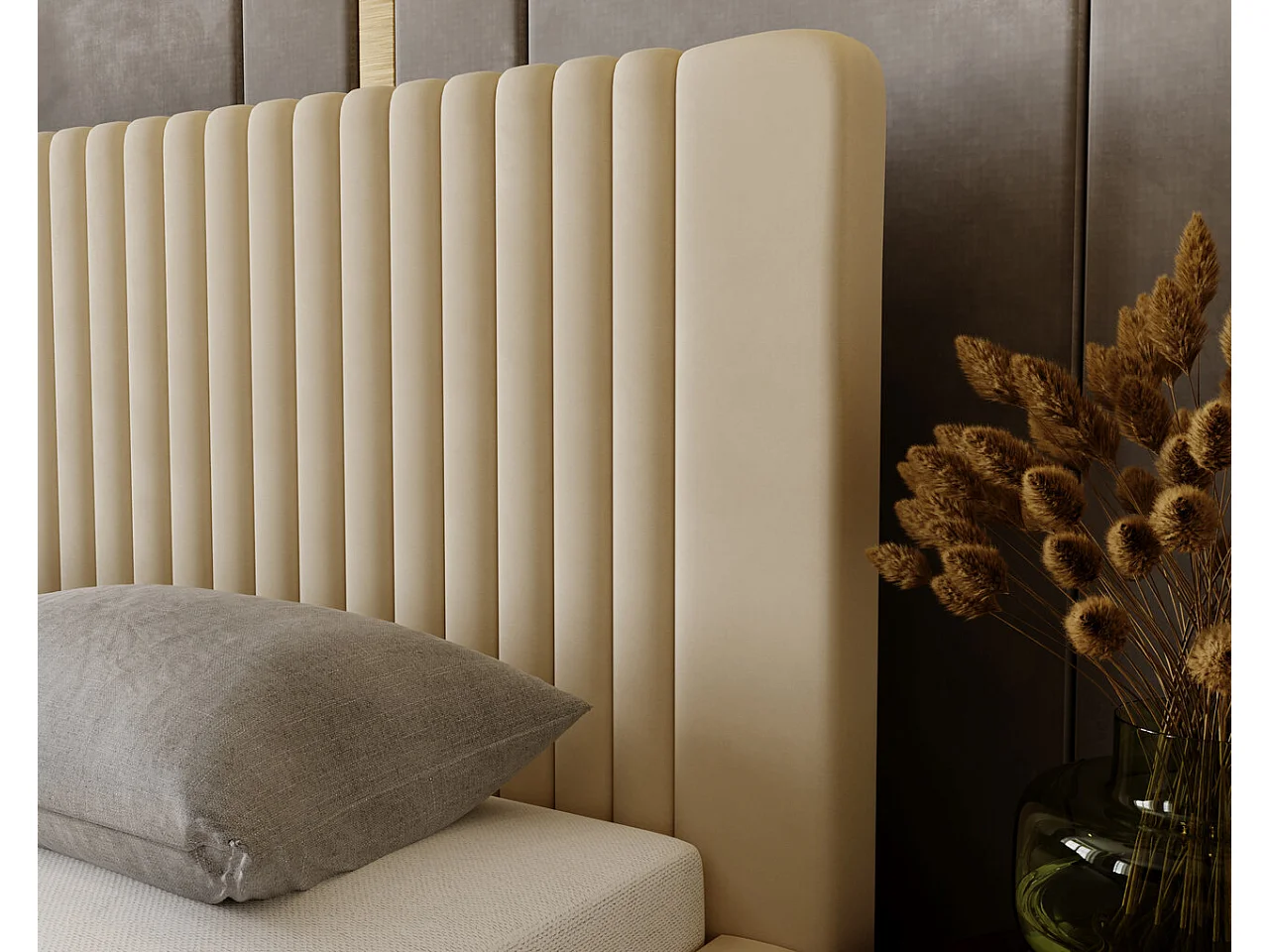 Lit rembourré avec rangement - 160 x 200 - lit double - velours - beige - Malmo