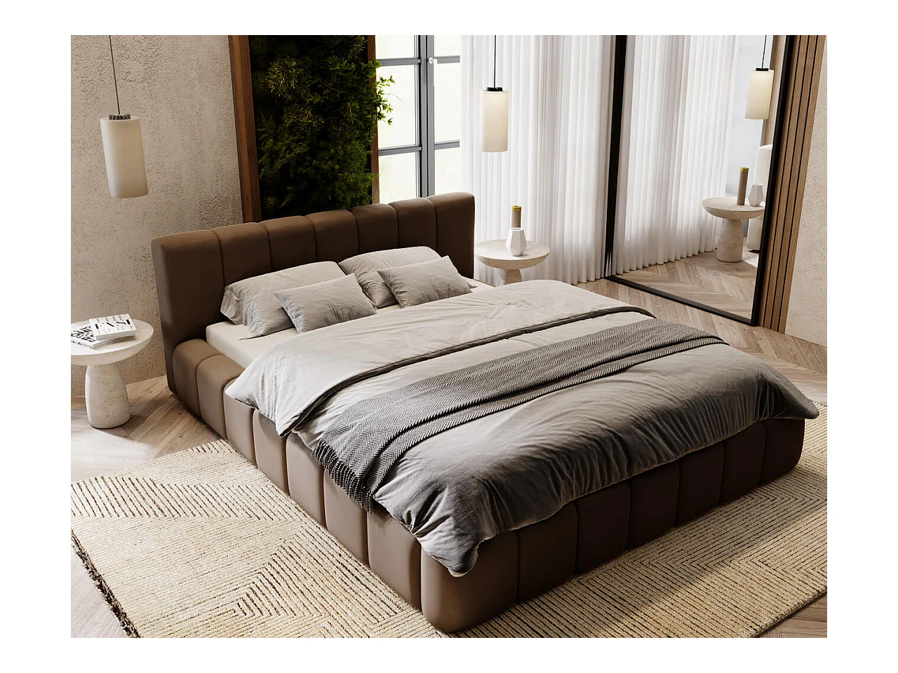 Lit rembourré avec rangement - 160 x 200 - lit double - velours - marron - Split