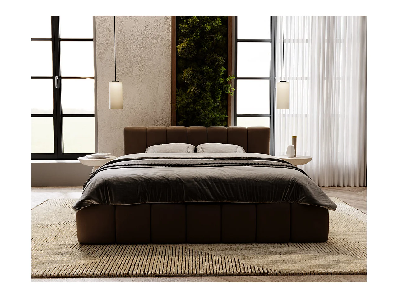 Lit rembourré avec rangement - 160 x 200 - lit double - velours - marron - Split