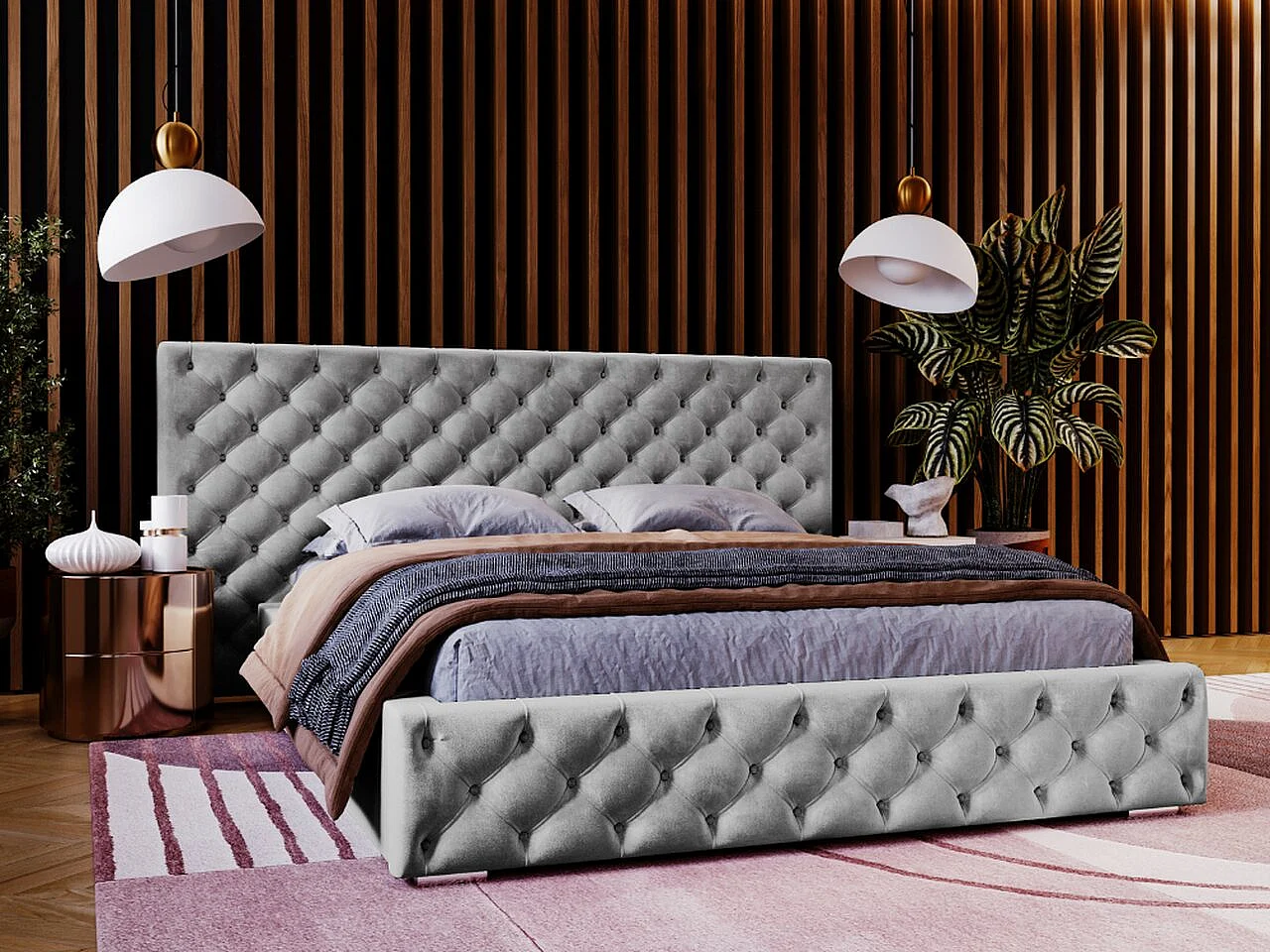 Gestoffeerd bed Madera 160x200 grijs - opbergruimte voor beddengoed, houten lattenbodem, doorgestikt hoofdbord en bedframe