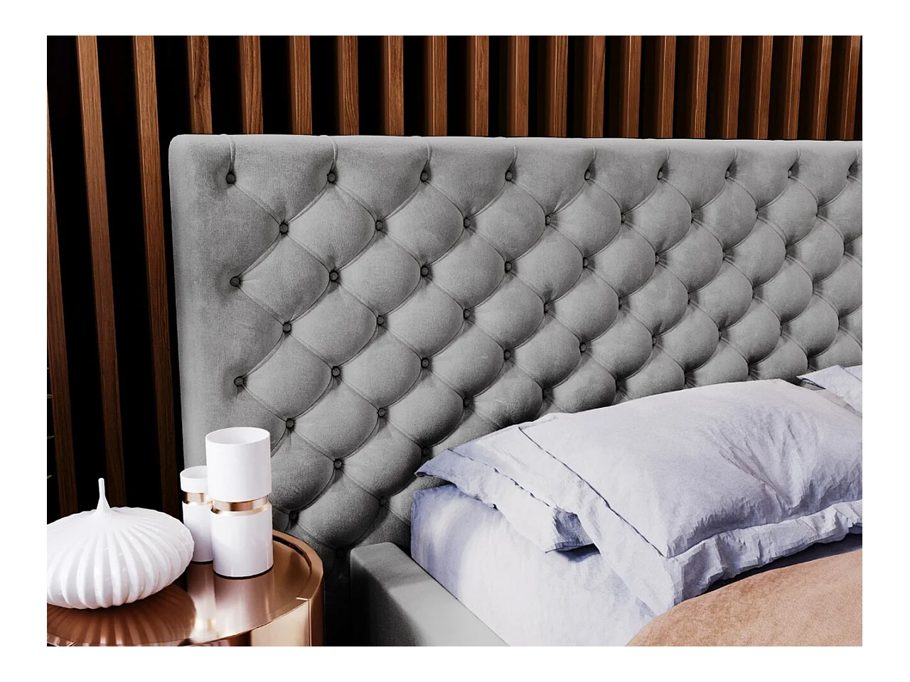 Lit rembourré avec rangement - 160 x 200 - lit double - velours - gris - Madera