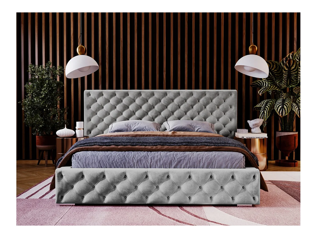 Lit rembourré avec rangement - 160 x 200 - lit double - velours - gris - Madera